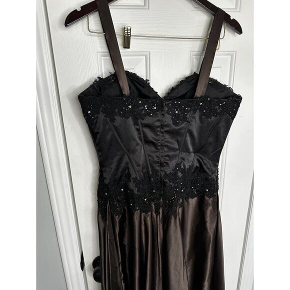 Jovani Embellished Lace Brown Satin Black Beaded Prom Evening Gown 12 Pageant - Picture 7 of 16